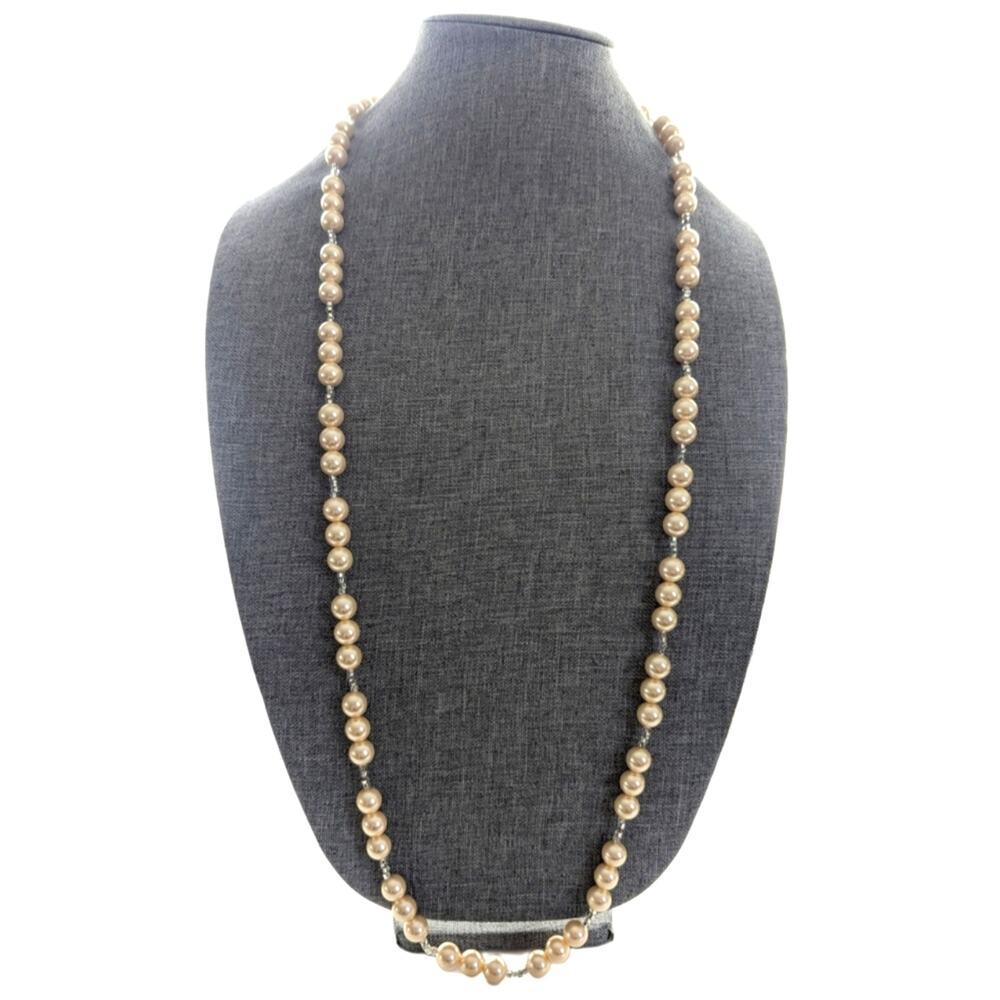 Vintage Estate Long Faux Pearl Glass Seed Beads Champagne Layering Necklace